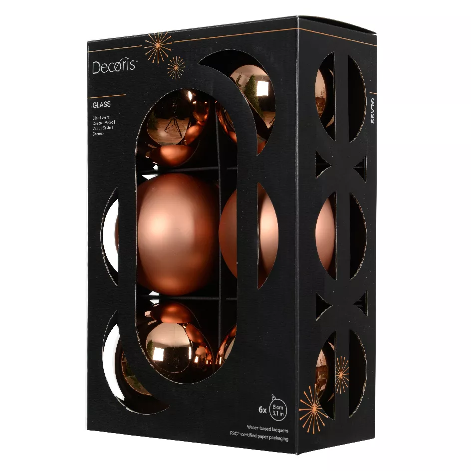 6er Set Weihnachtskugeln aus Glas (D80 mm) Boreal Cognac