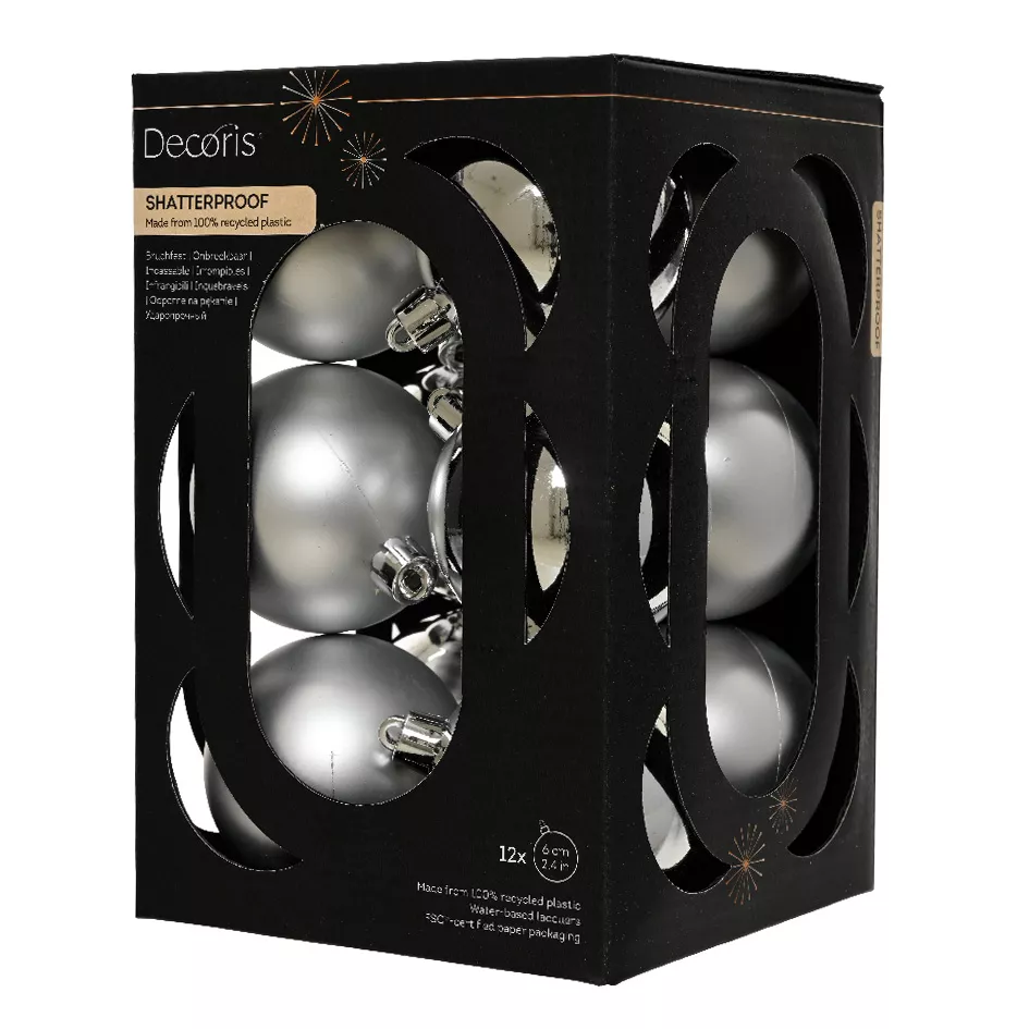 Boite de 12 Boules polystyrene dia6cm argent ARAVIS (EMBALLAGE 100% RECYCLE certifié fsc)
