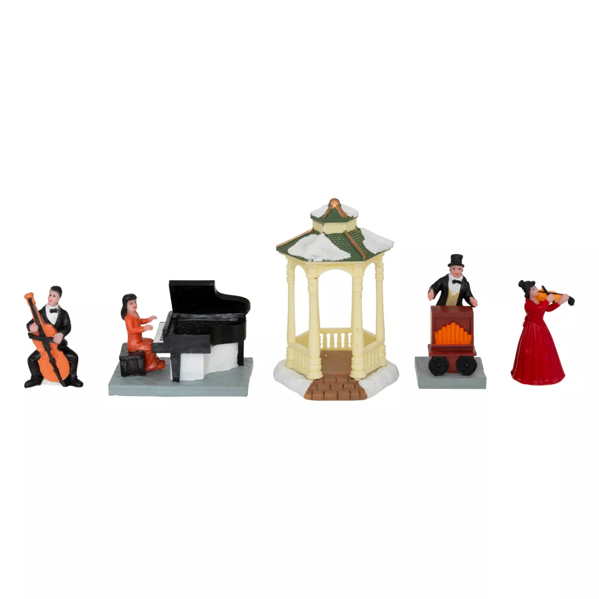 Set di 5 statuine e accessori per Villaggio di Natale (H22 cm) Musica e chiosco