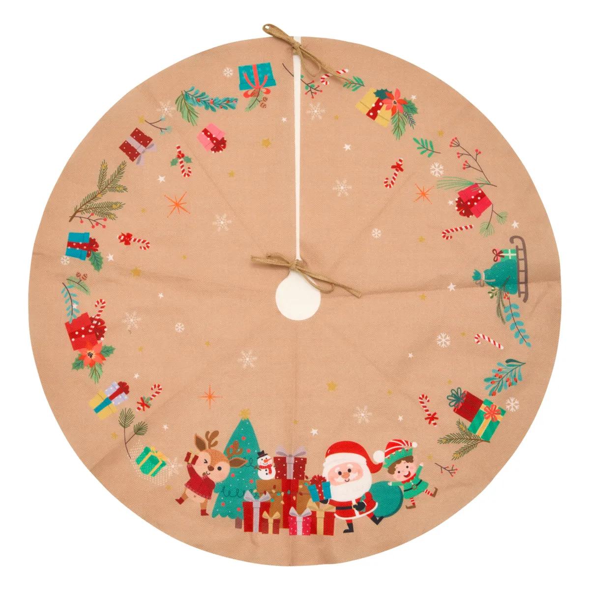 Tappeto per albero di Natale in juta (D90 cm) Elfo e Babbo Natale Multicolore