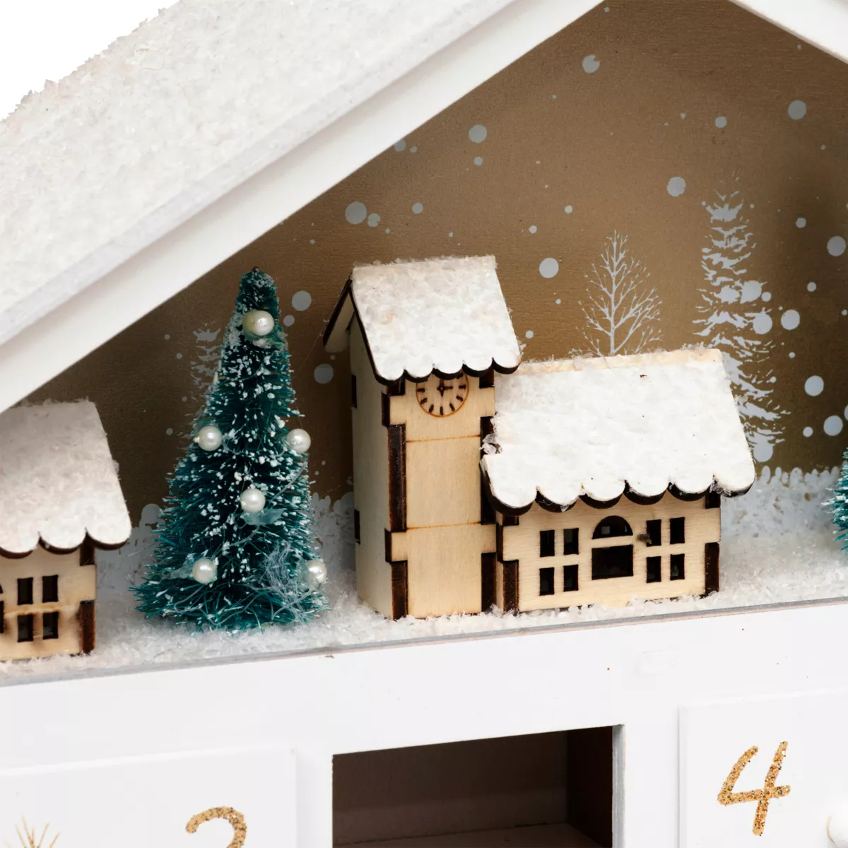 Adventskalender zum Befüllen aus Holz (H33 cm) Waldhaus Weiß