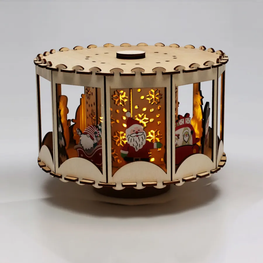 Villaggio di Natale in legno animato e luminoso a pile (20 x H14 cm) Carosello incantato