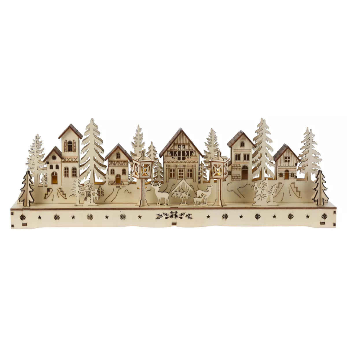 Villaggio di Natale in legno luminoso a pile (45 x H15 cm) Piazza incantata Naturale