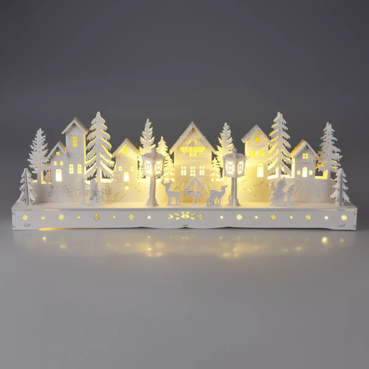 Villaggio di Natale in legno luminoso a pile (45 x H15 cm) Piazza incantata Bianca