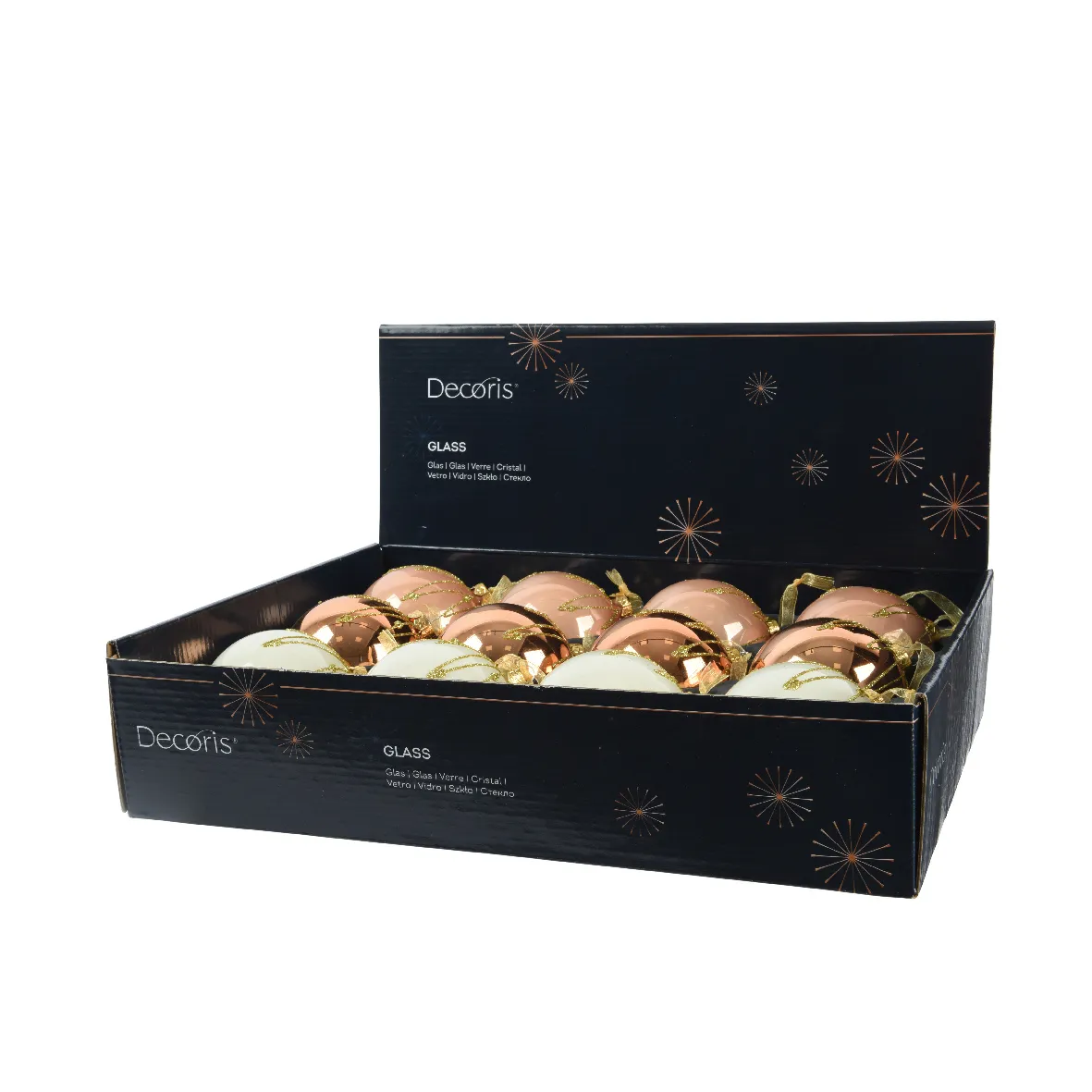 Lot de 12 boules de Noël en verre (D80 mm) chic Cognac, blanc laine et pêche