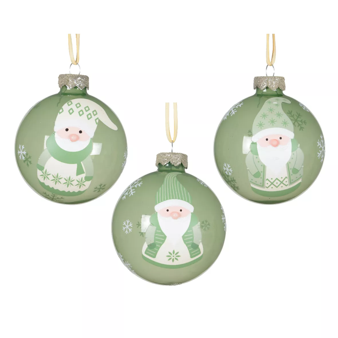 Set di 12 palline di Natale in vetro (D80 mm) Folletti allegri Verde rosmarino