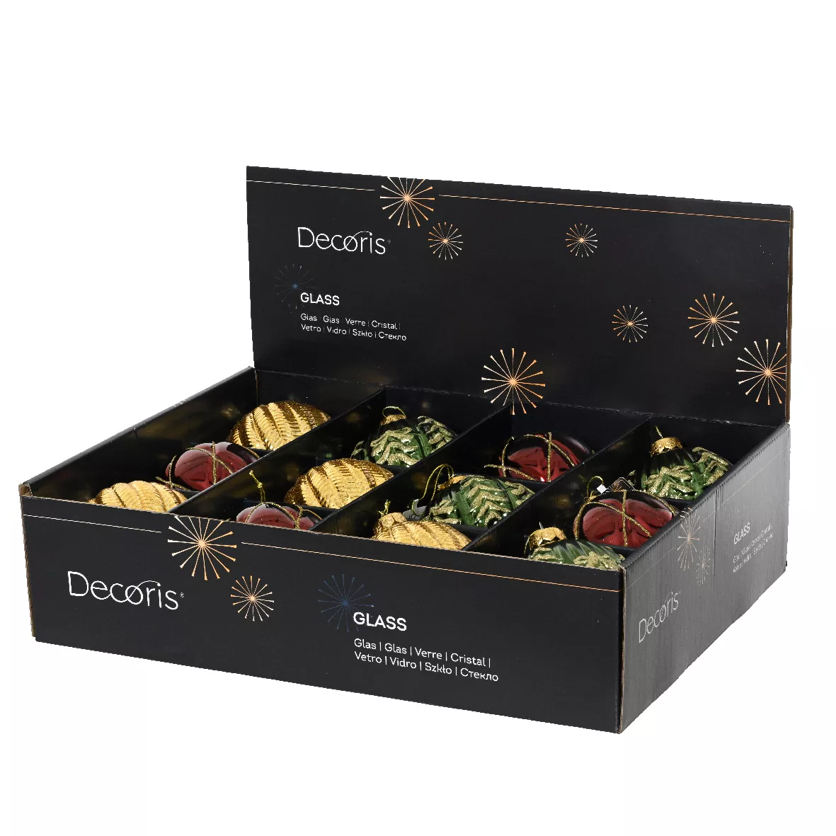 Lot de 12 boules de Noël en verre (D100 mm) Rêverie Bordeaux, vert sapin et or