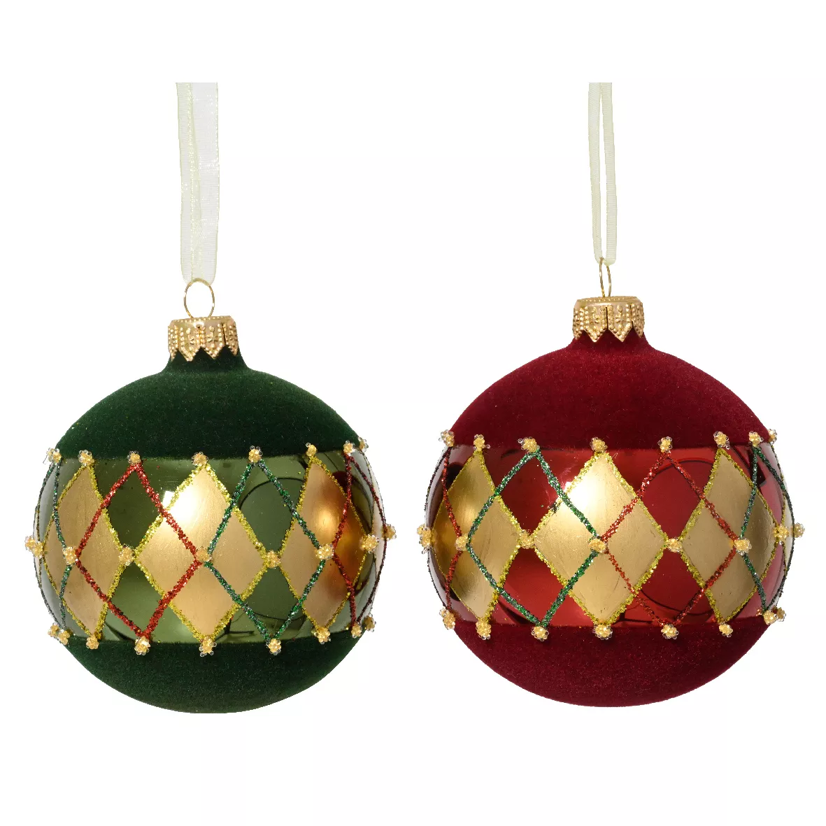 Set di 6 palline di Natale in vetro (D80 mm) Quadretti di velluto Bordeaux e verde abete
