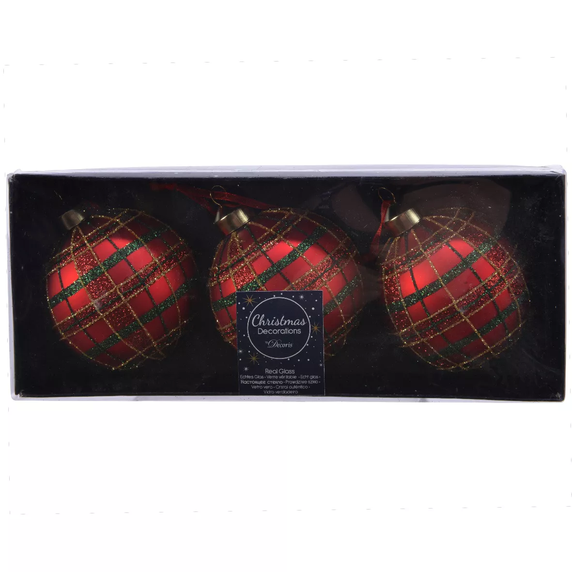 Set di 3 palline di Natale in vetro (D80 mm) Quadretti luccicanti Rosso