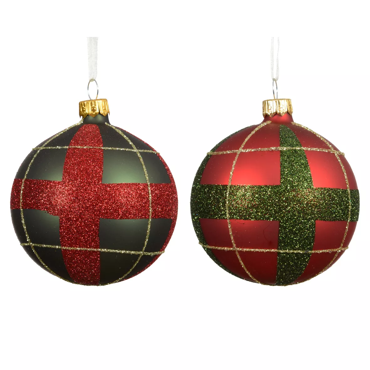 Set di 6 palline di Natale in vetro (D80 mm) Scozzese rosso e verde
