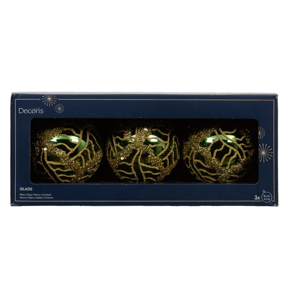 Set di 3 palline di Natale in vetro (D80 mm) Shiny sequins Verde abete