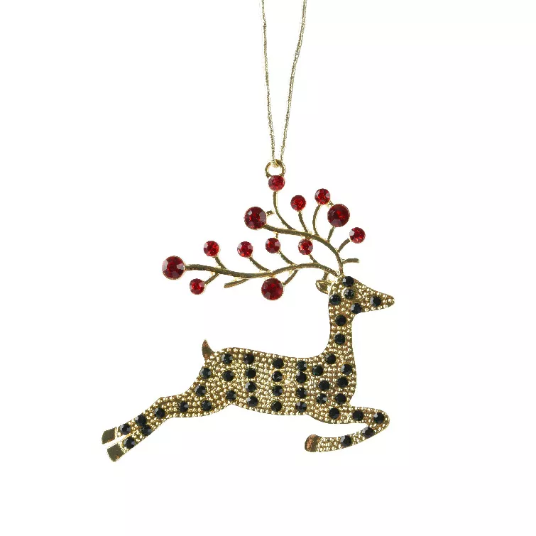 Pendente natalizio in metallo (H9 cm) Renna e strass Dorato