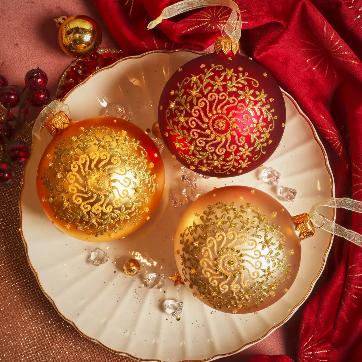 Set di 6 palline di Natale in vetro (D80 mm) Arabesco dorato glitterato