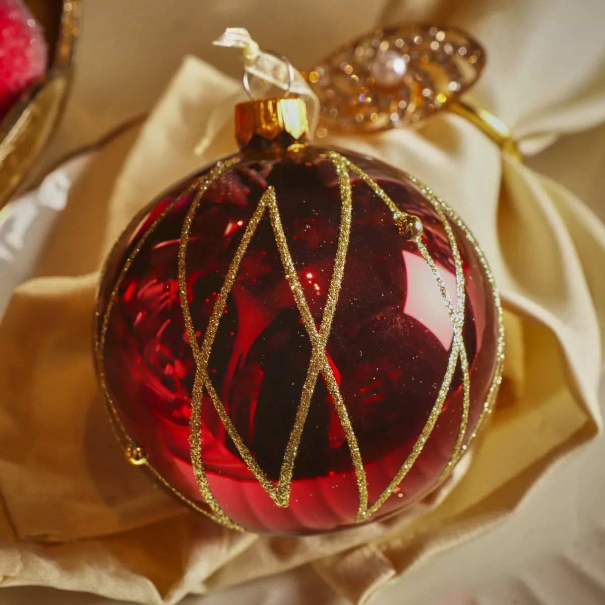 Set von 6 Weihnachtskugeln aus Glas (D80 mm) Prestige Bordeaux mit goldenem Glitzer