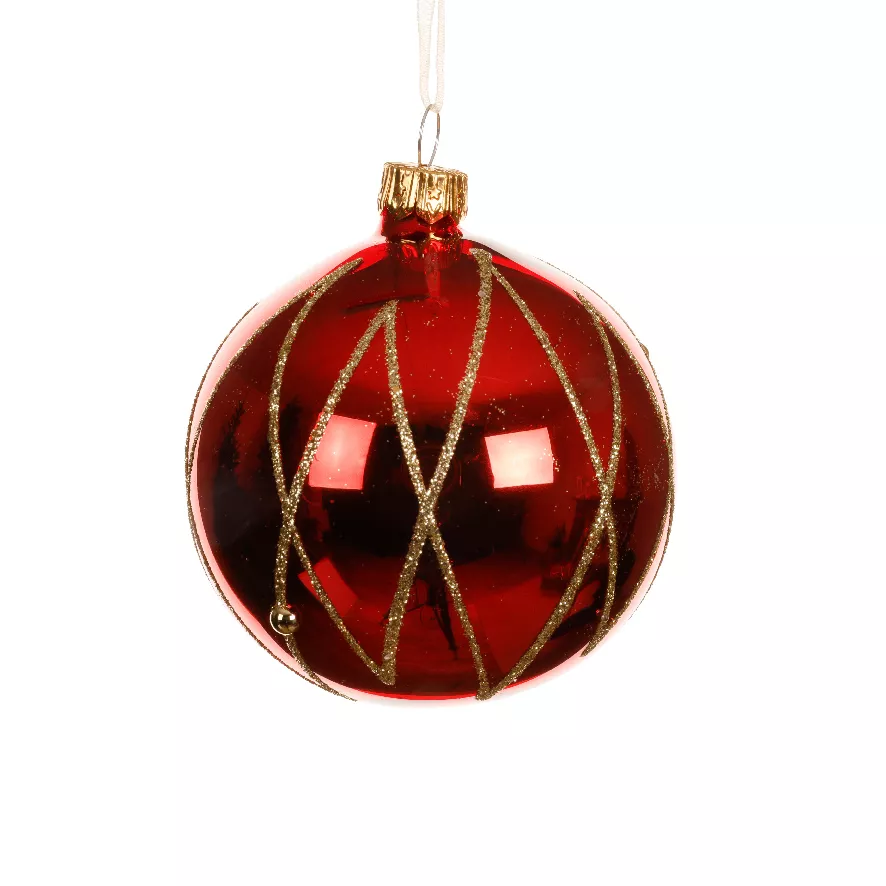 Set von 6 Weihnachtskugeln aus Glas (D80 mm) Prestige Rot mit goldenem Glitzer