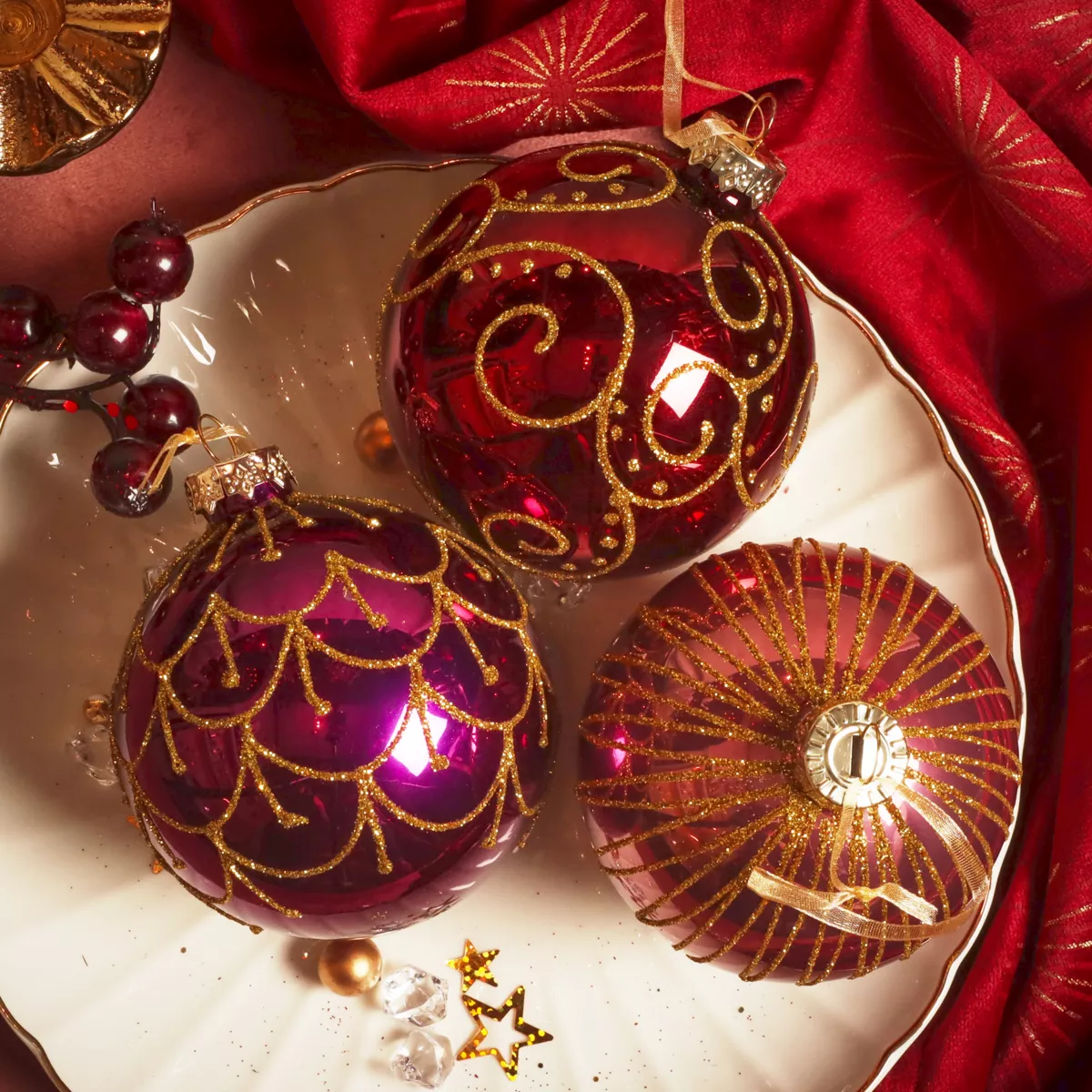 Set von 12 Weihnachtskugeln aus Glas (D80 mm) Italienische Paläste Feige und Gold