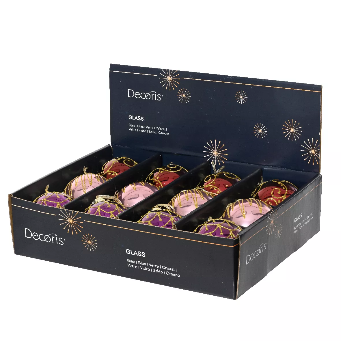 Set von 12 Weihnachtskugeln aus Glas (D80 mm) Italienische Paläste Feige und Gold