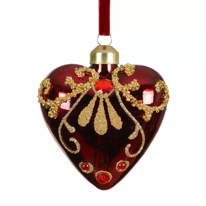 Set di 2 decorazioni natalizie in vetro (H8 cm) Cuori preziosi Bordeaux con glitter oro