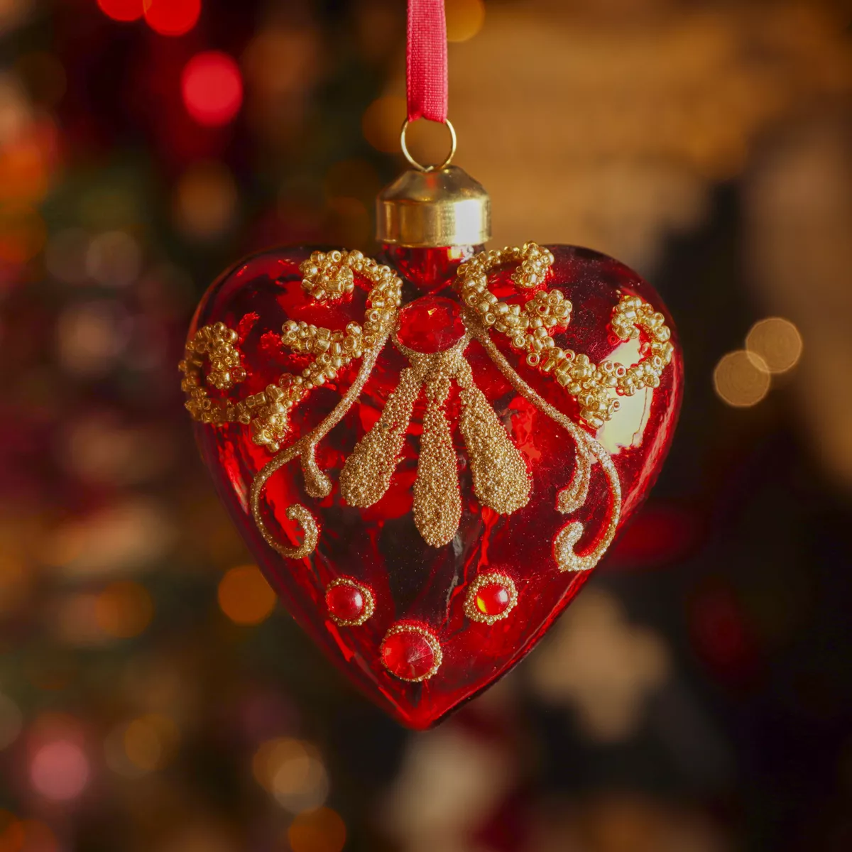 Set di 2 pendenti in vetro (H8 cm) Cuori preziosi Rosso con glitter oro