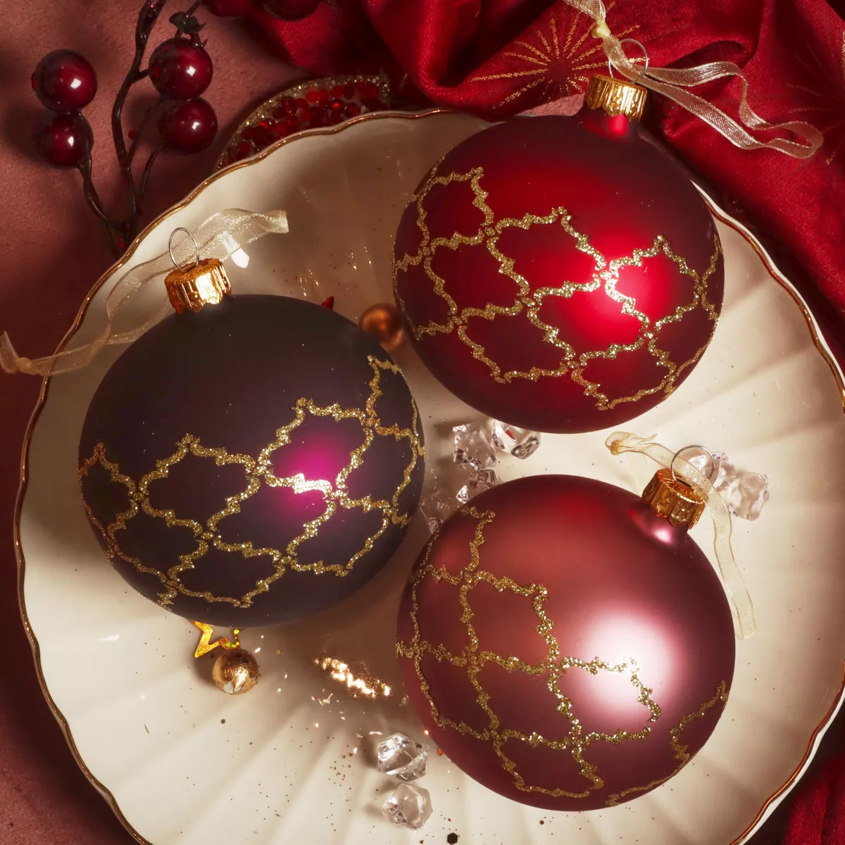 Set von 6 Weihnachtskugeln aus Glas (D80 mm) Art Déco Sortiert Rot