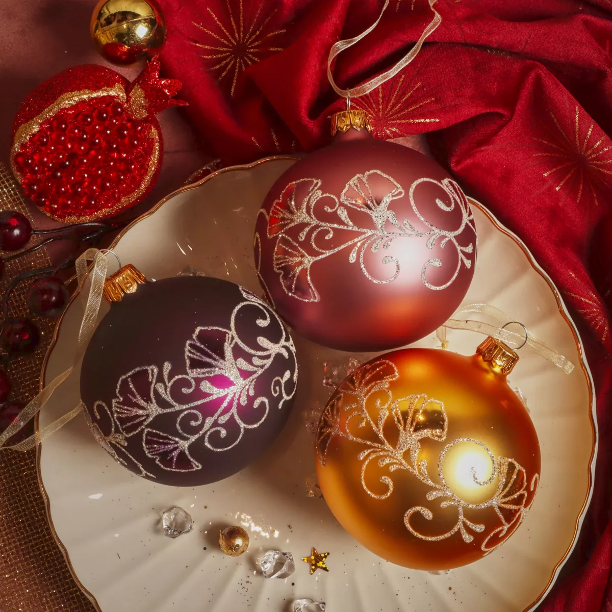 Set di 6 palline di Natale in vetro (D80 mm) Bucolico Oro, fico e rosa