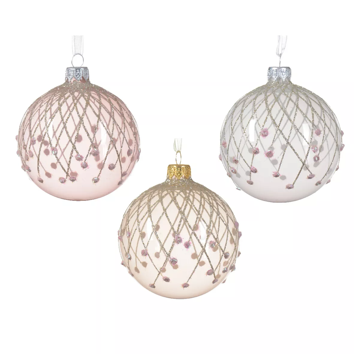 Lot de 6 boules de Noël en verre (D80 mm) Givrées Rose et perle