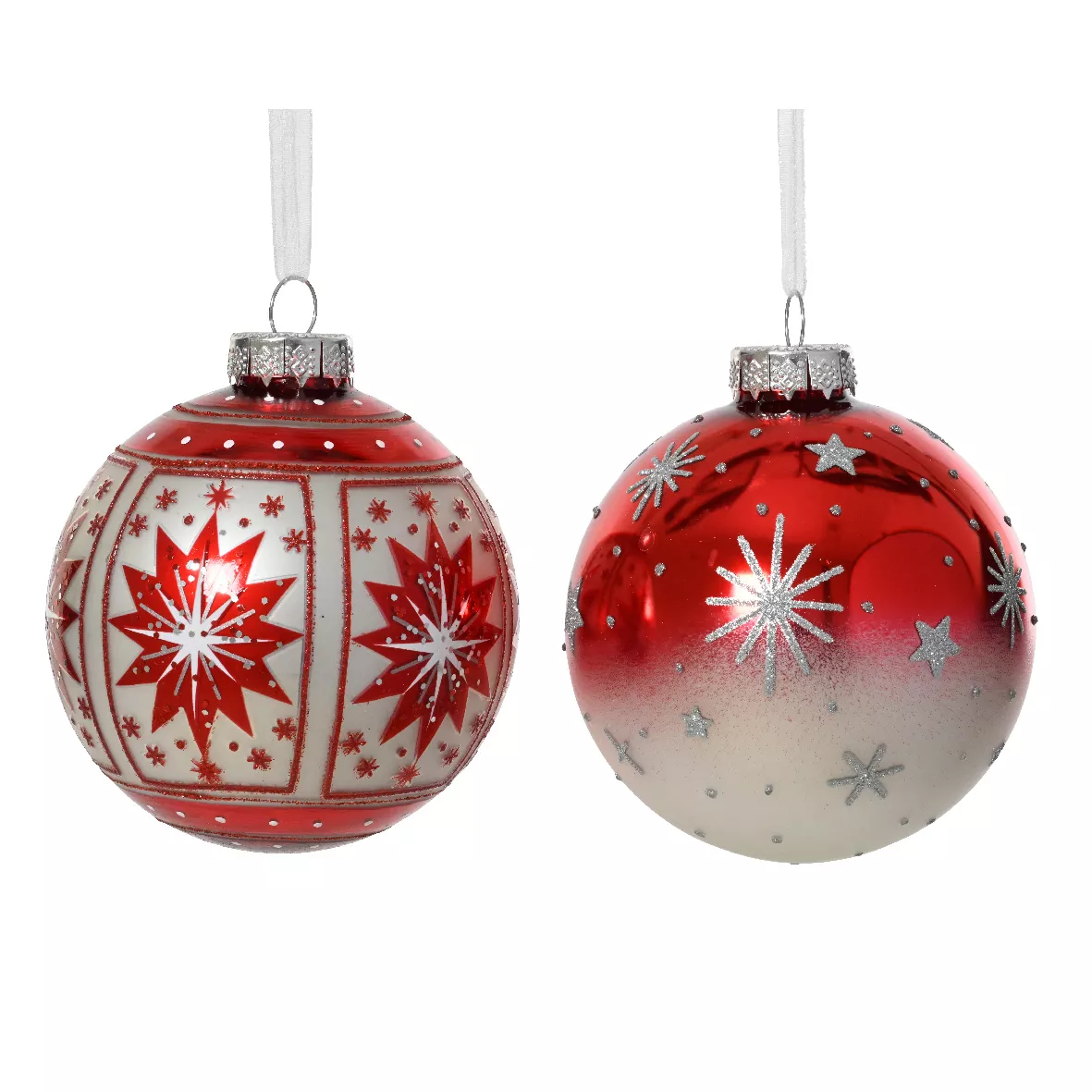 Set di 12 palline di Natale in vetro (D80 mm) Meribel Rosso con glitter argento