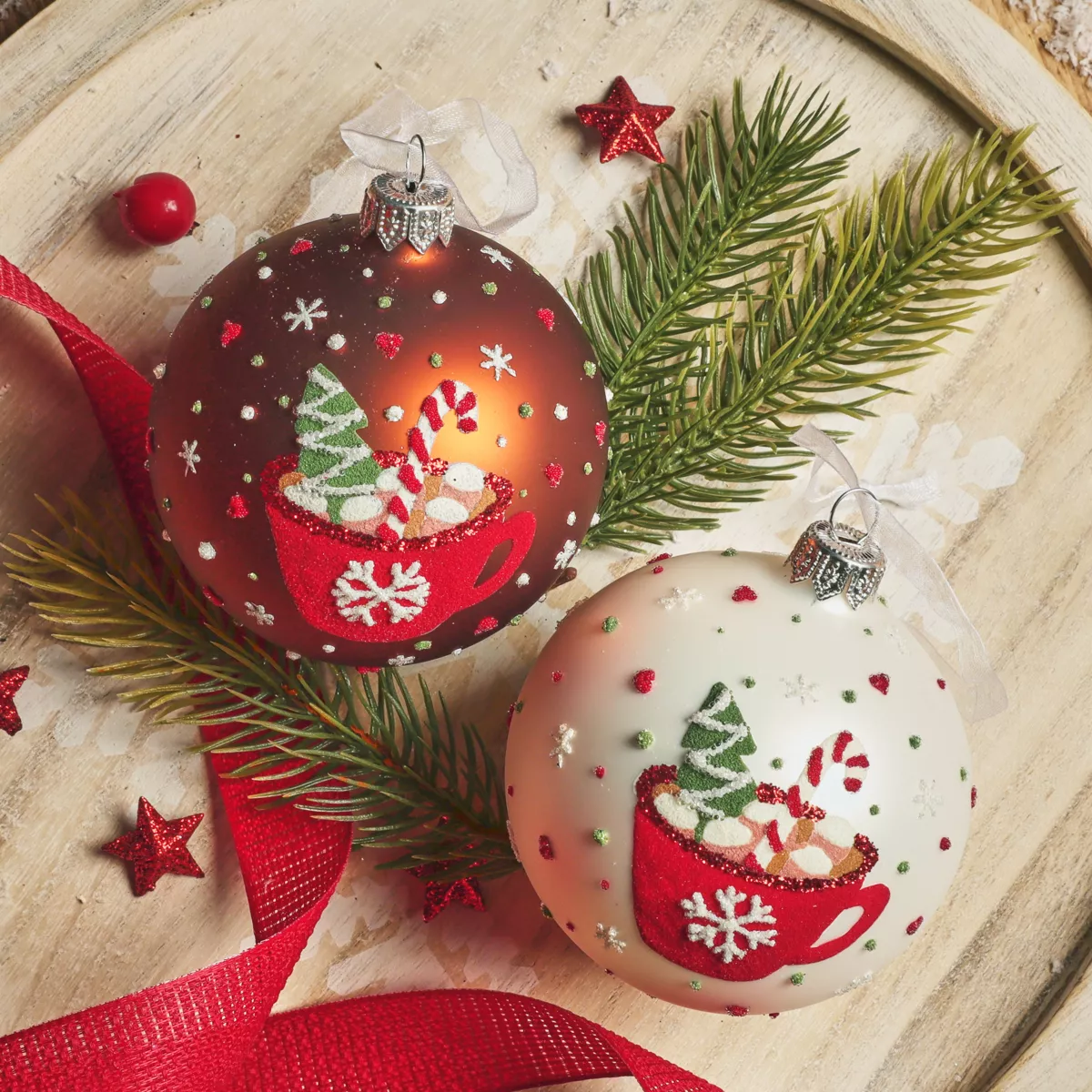 Set di 6 palline di Natale in vetro (D80 mm) Cioccolata calda Bianco e marrone caffè
