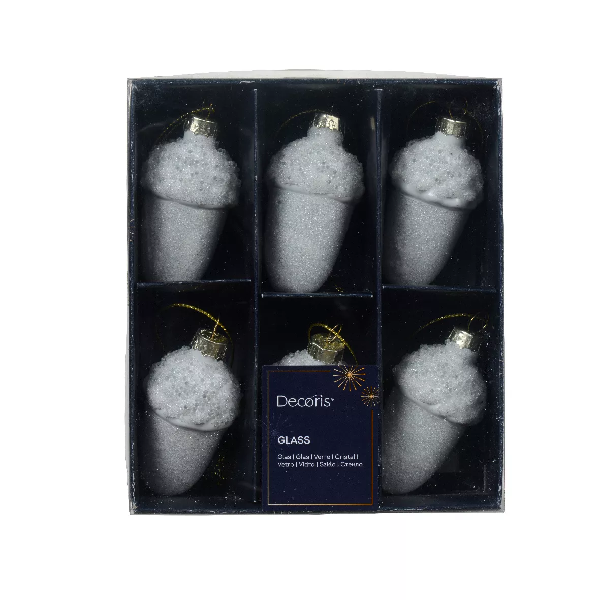 Set di 6 pendenti natalizi in vetro (H6 cm) Ghiande di quercia Bianco ghiacciato