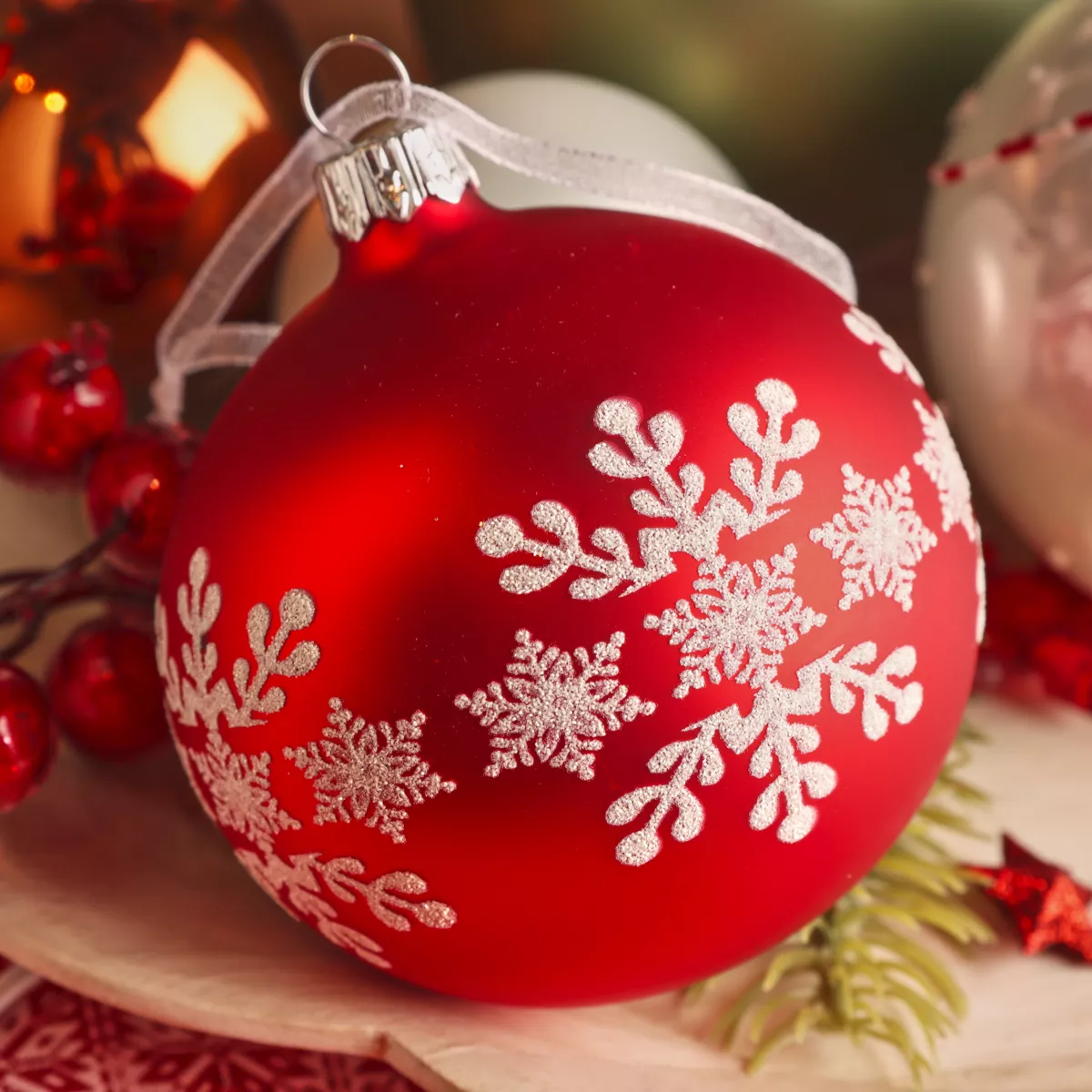 LOT DE 6 (EN VERRE) Boule verre flocon de neige dia8cm rouge 