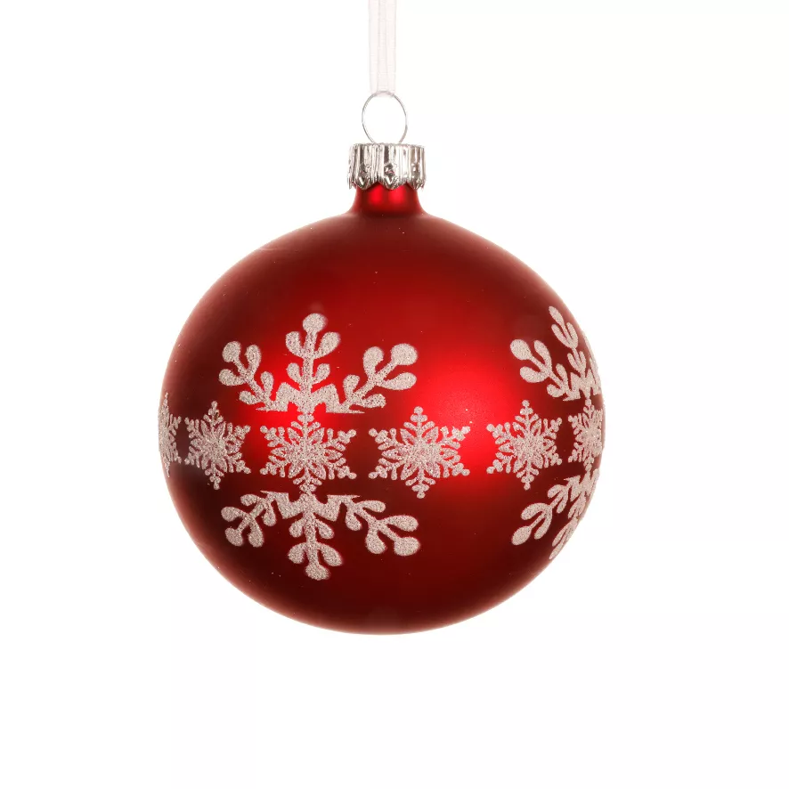 Lot de 6 boules de Noël en verre (D80 mm) Flocon de neige Rouge