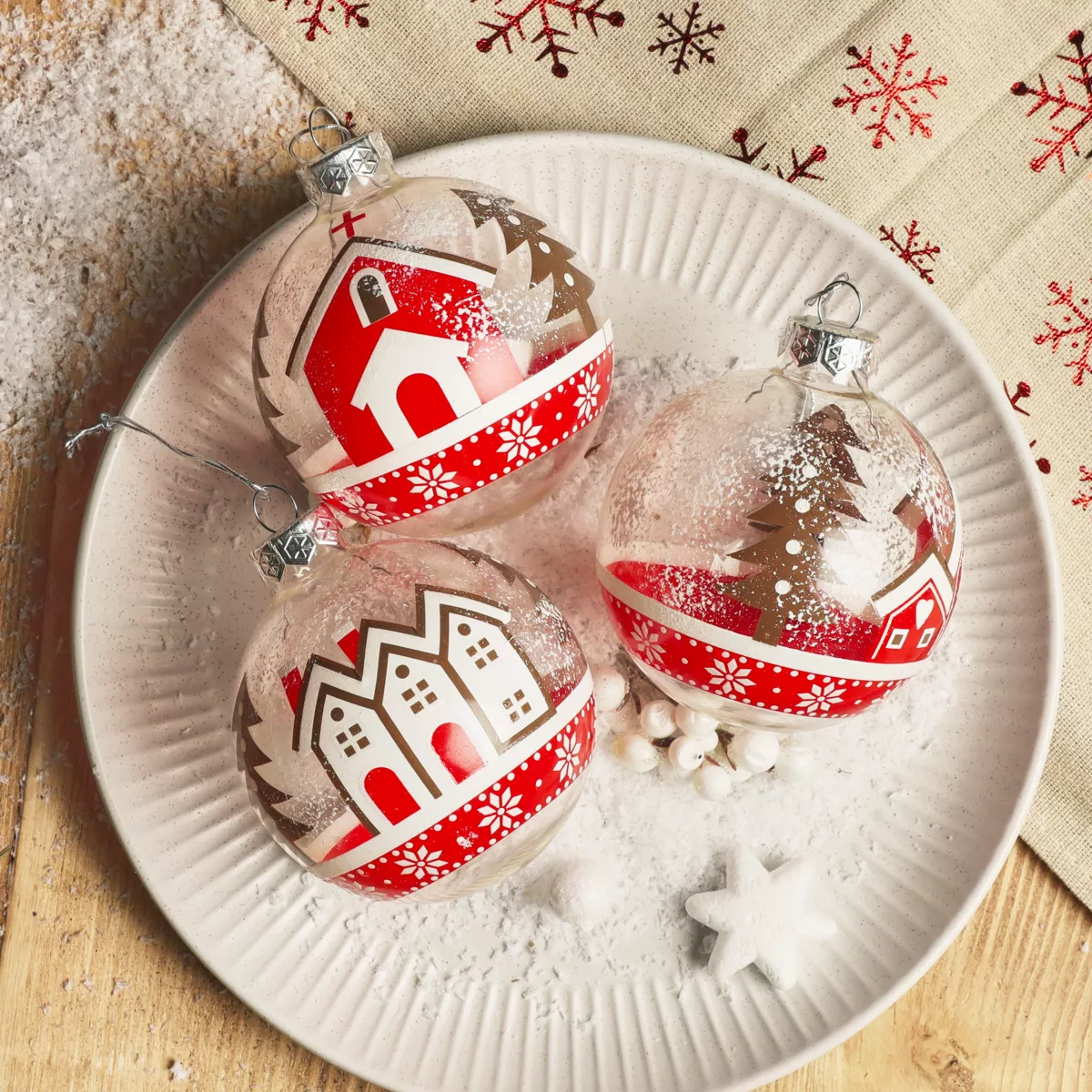 Set di 12 palline di Natale in vetro (D80 mm) Villaggi innevati Rosso e bianco