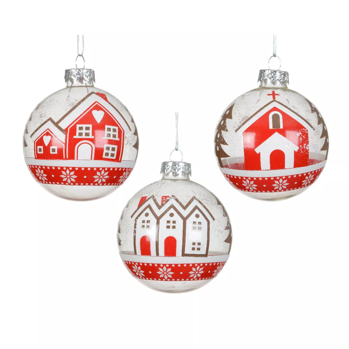 Set di 12 palline di Natale in vetro (D80 mm) Villaggi innevati Rosso e bianco