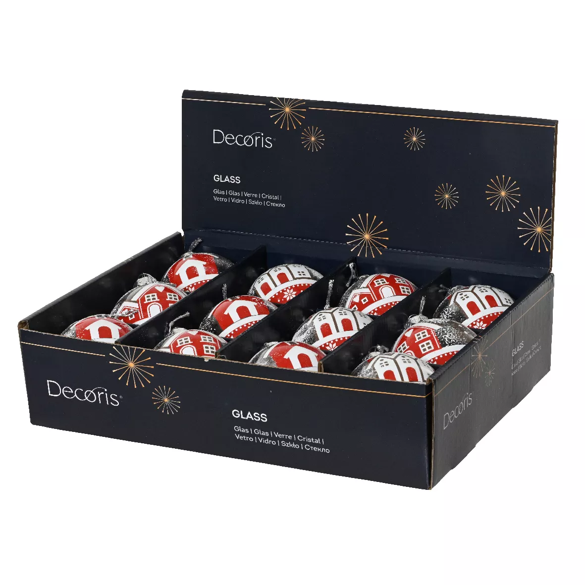 Set di 12 palline di Natale in vetro (D80 mm) Villaggi innevati Rosso e bianco