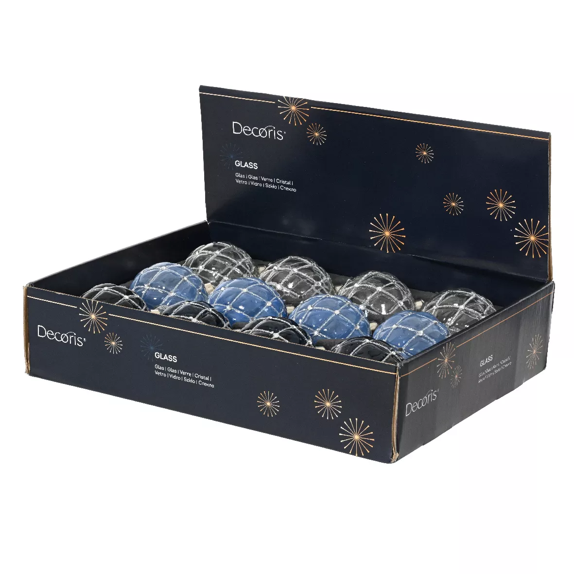 Lot de 12 boules de Noël en verre (D80 mm) Majestic Bleu et transparent