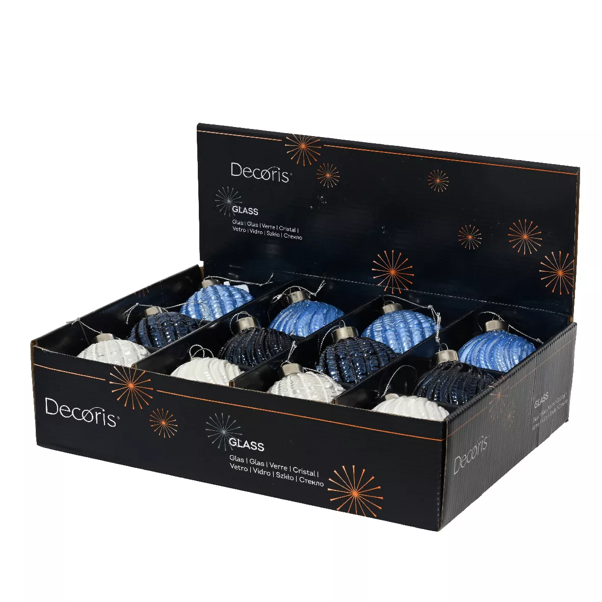 Set di 12 palline di Natale in vetro (D80 mm) Torsioni Blu e bianco
