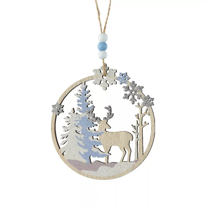 Decorazione natalizia in legno a sospensione (D11 cm) Renna nel bosco Azzurro chiaro