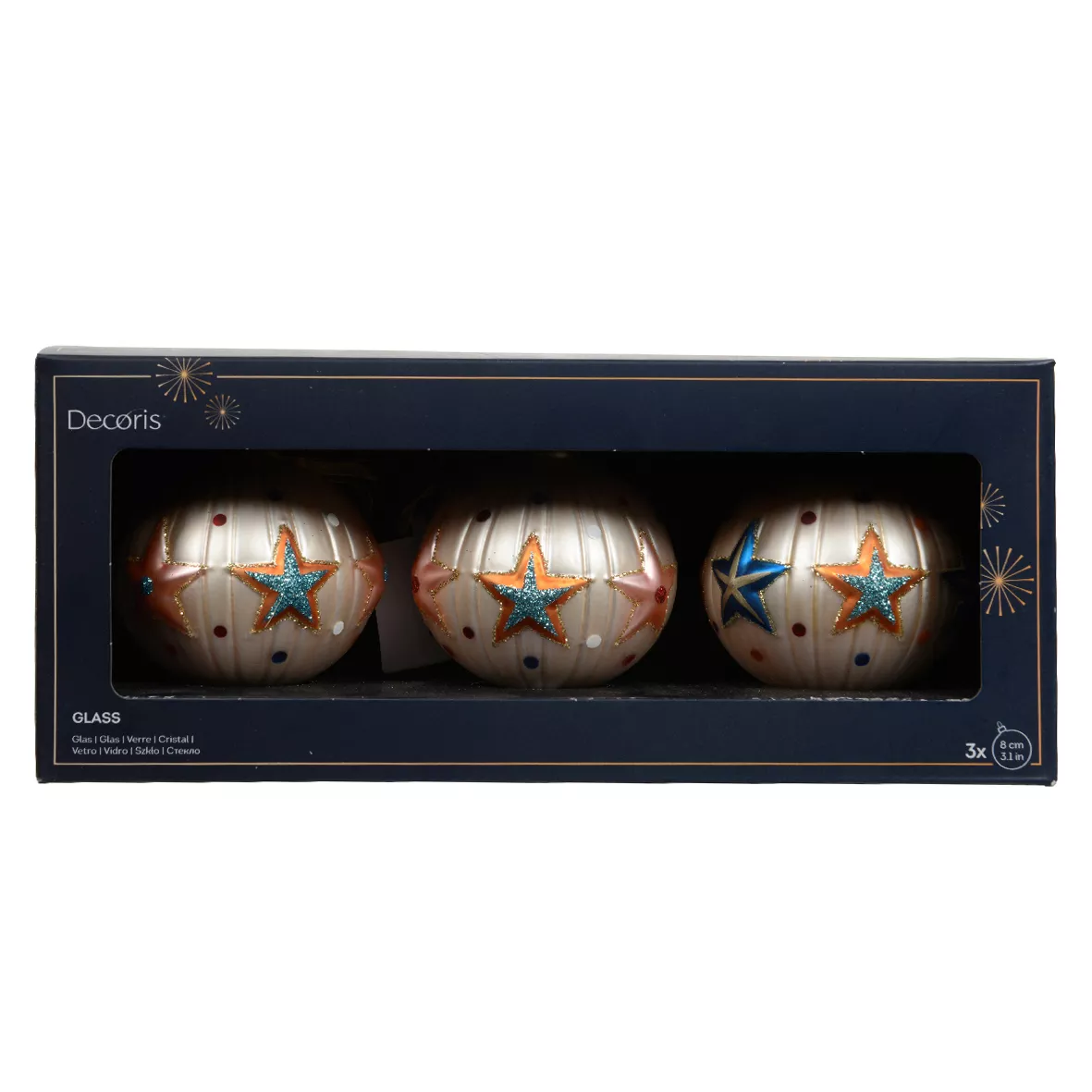Set di 3 palline di Natale in vetro (D80 mm) Circo stellato Perla