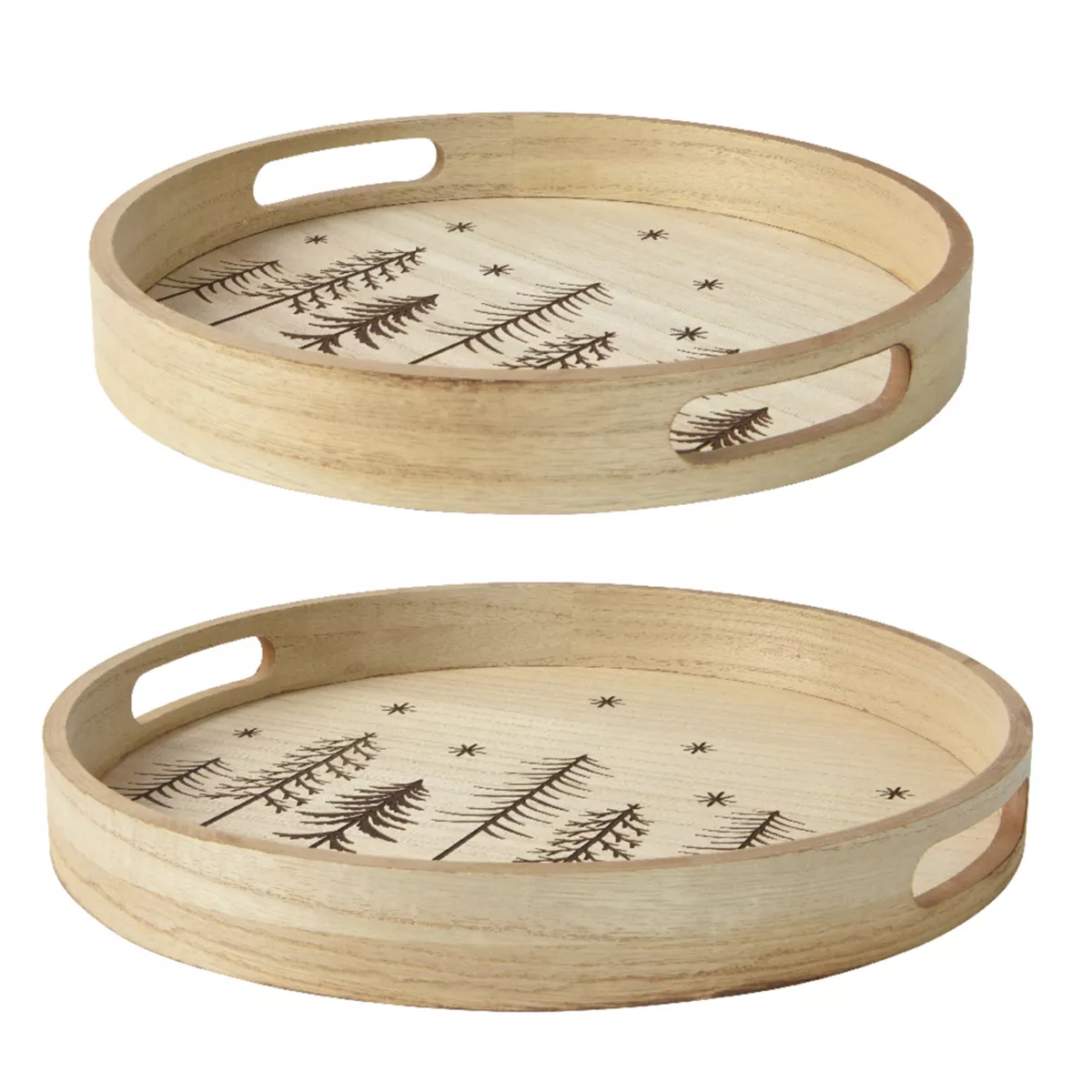 Lot de 2 plateaux ronds en bois (D34-D29 cm) Sapins de Noël