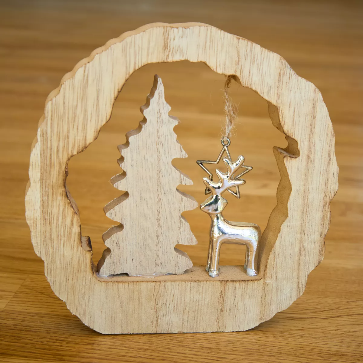 Decorazione in legno (H14 cm) Renna e albero Legno biondo