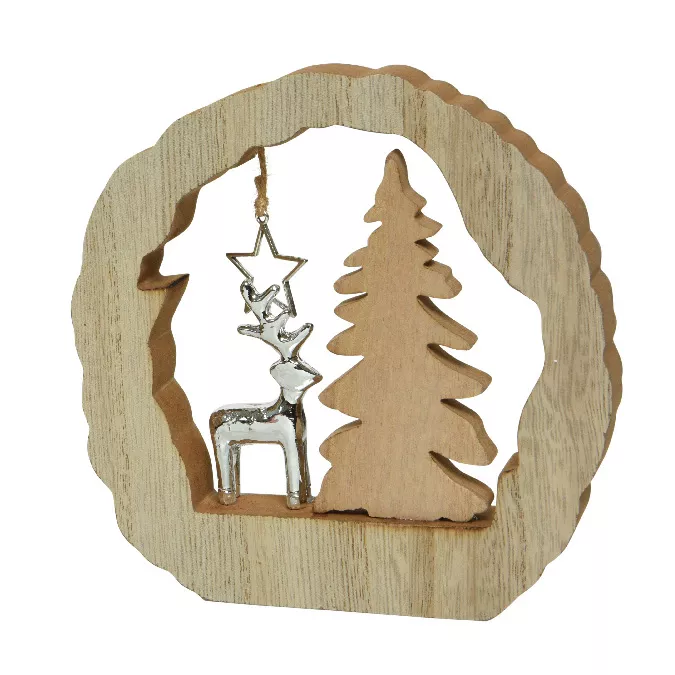Decorazione in legno (H14 cm) Renna e albero Legno biondo