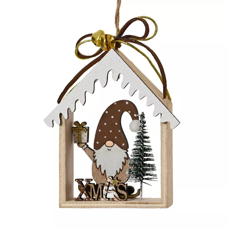Decorazione natalizia sospesa in legno (H11 cm) Casa di Babbo Natale Marrone