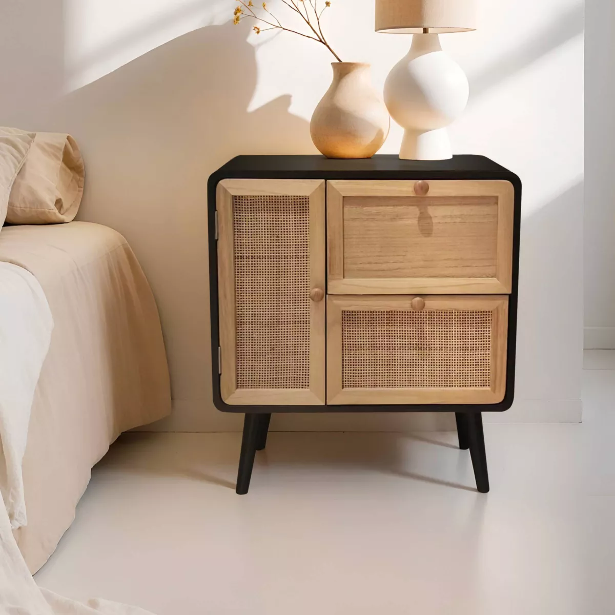 Nachttisch aus Holz und Rattan (50 x H55 cm) Osaka Schwarz und Holz