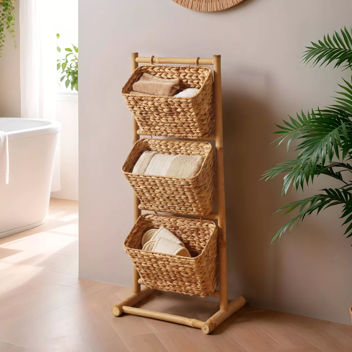 3 Körbe Regal geneigt aus Bambus und Wasserhyazinthe (H92 cm) Bali