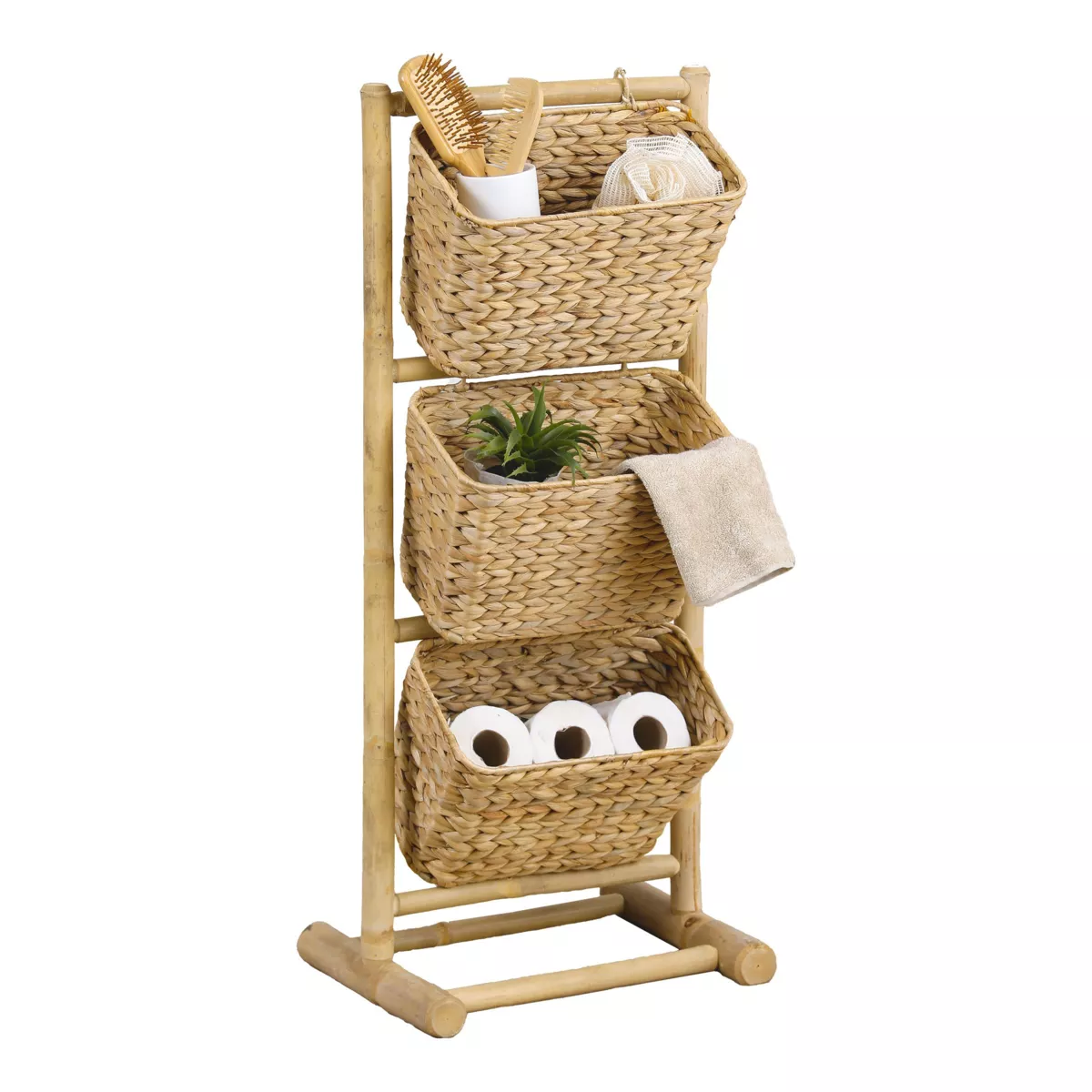 3 Körbe Regal geneigt aus Bambus und Wasserhyazinthe (40 x H92 cm) Bali