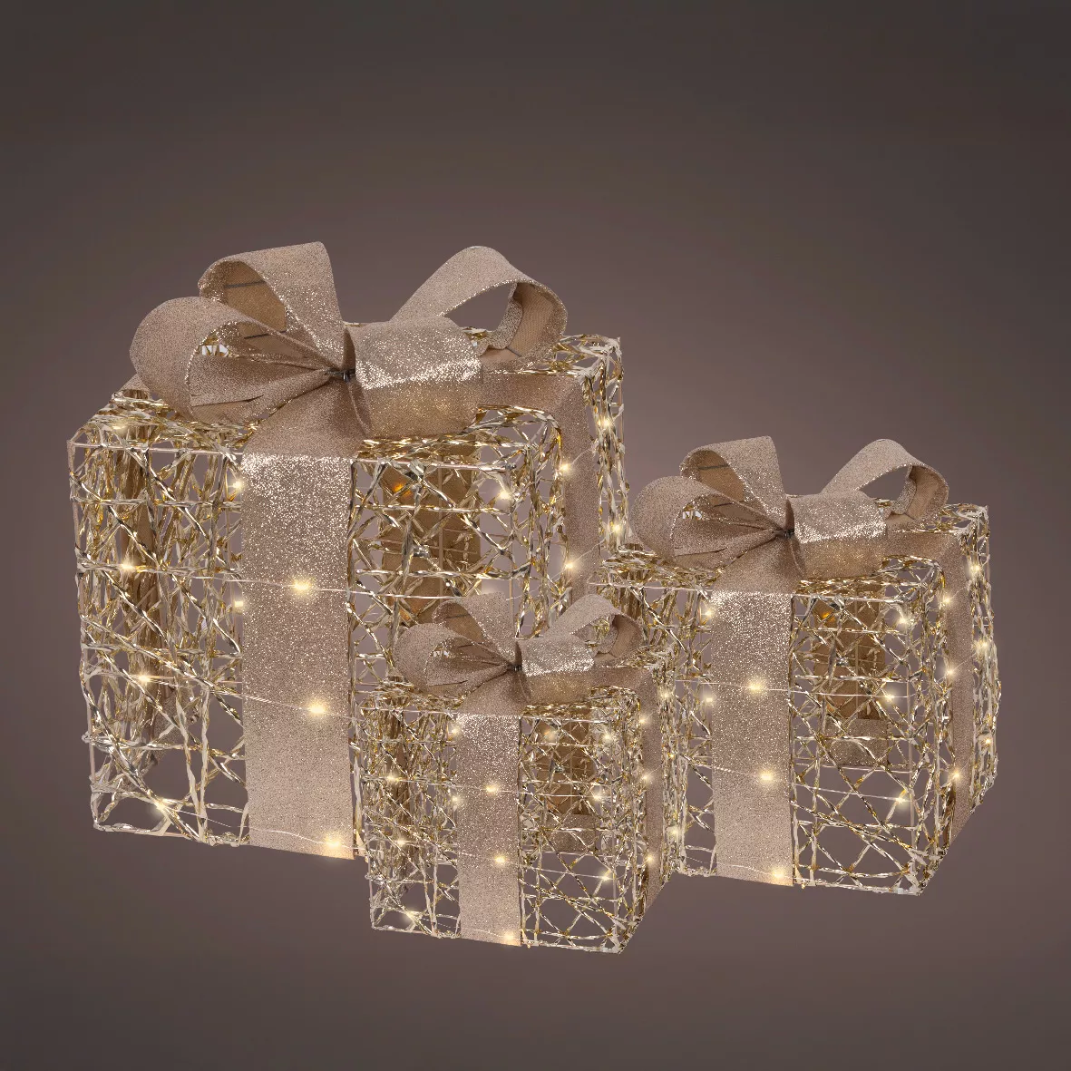 Lot de 3 cadeaux lumineux à piles 30 LED (H30 cm) Féerie Or et Blanc chaud