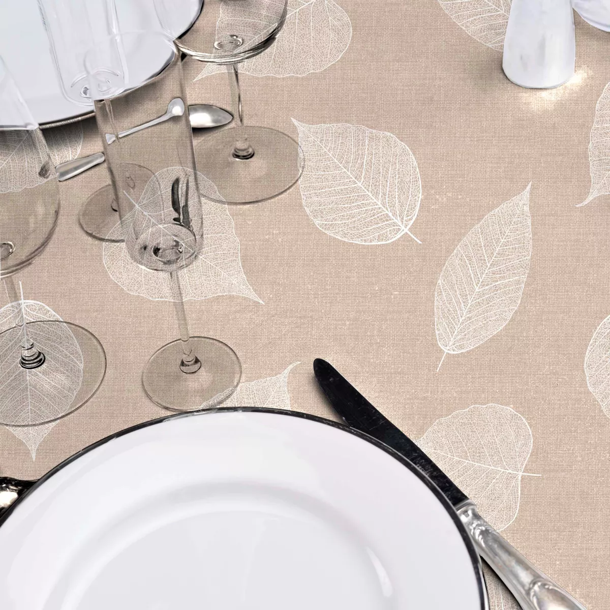 Nappe Ronde (¯ 160 cm) Feuillys Blanc, PVC Textilia