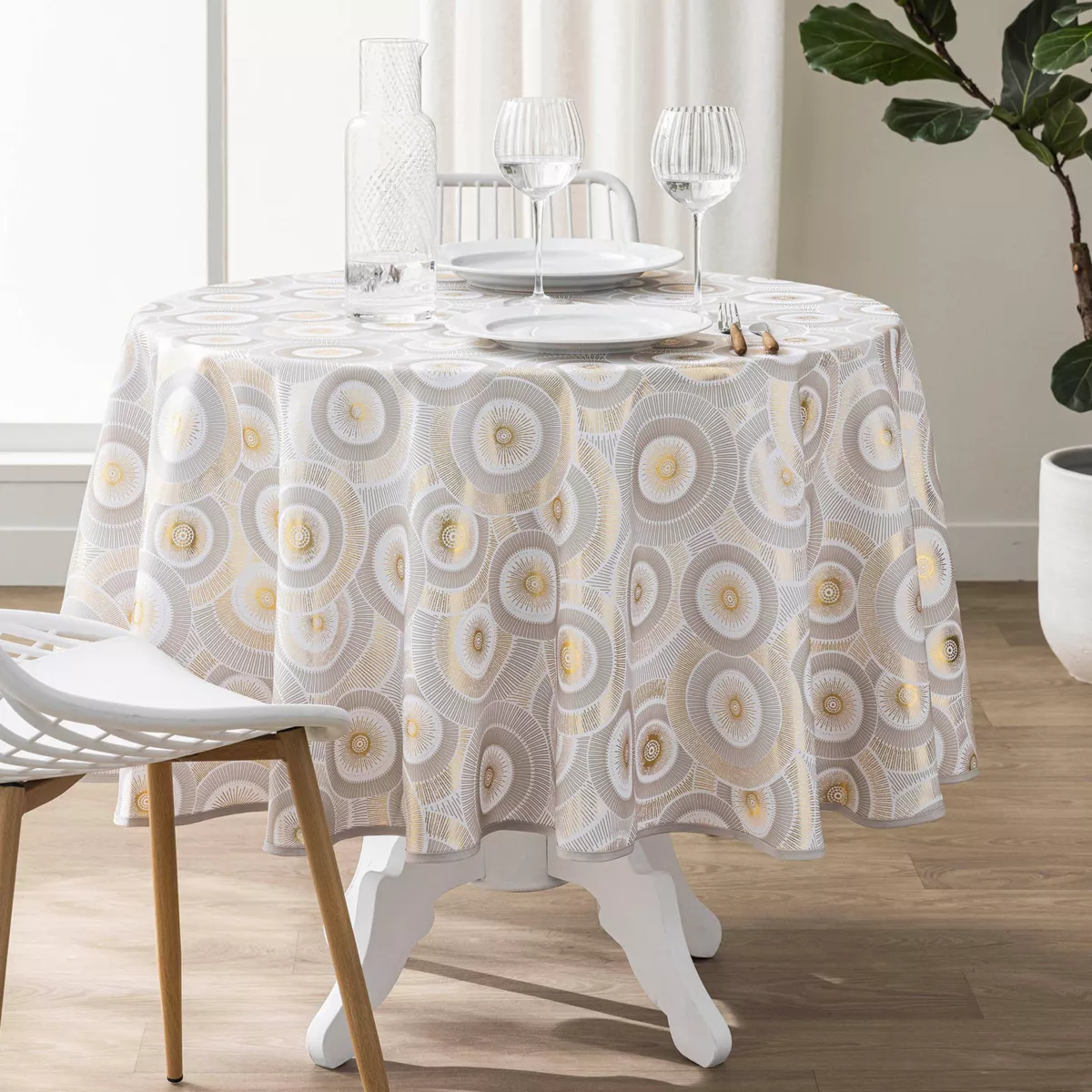 Nappe Ronde (¯ 180 cm) Eclipse Blanc, Polyester ImprimŽ MŽtallisŽ