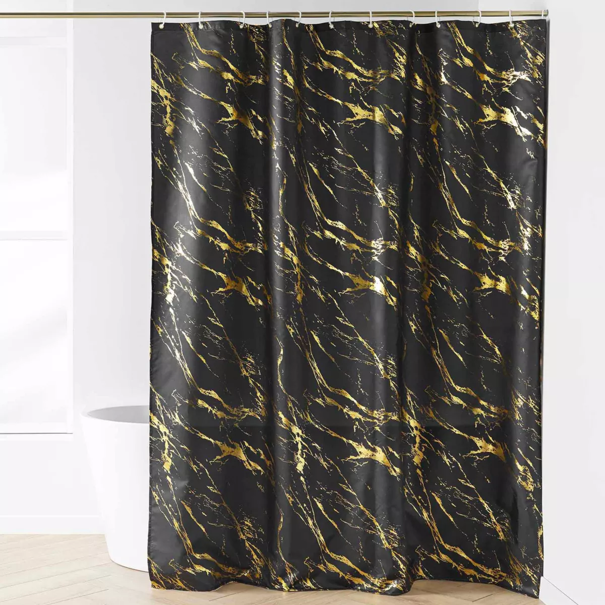 Rideau de Douche avec Crochets (180 x 200 cm) Aquamarbre Noir/Or, Polyester ImprimŽ MŽtallisŽ