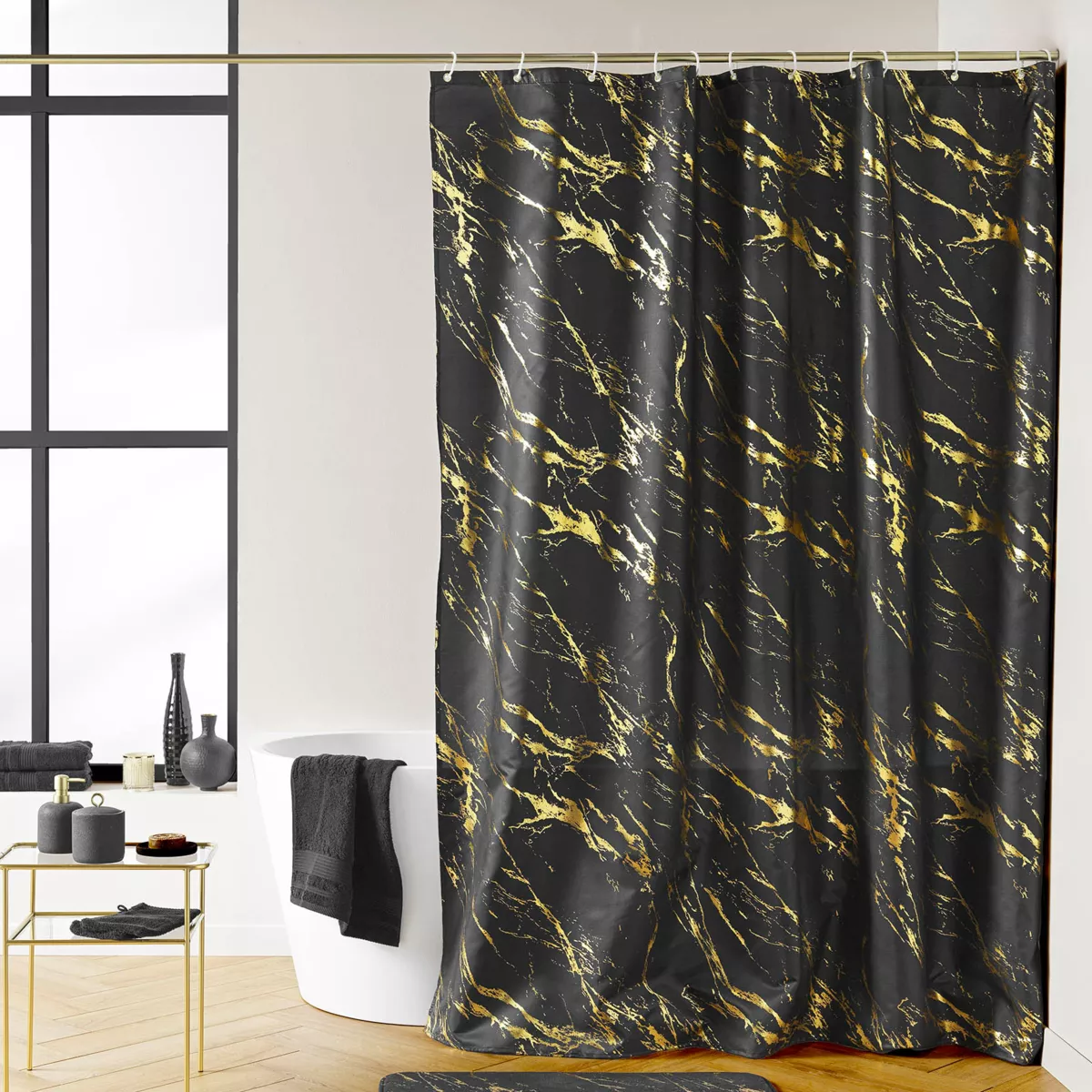 Rideau de Douche avec Crochets (180 x 200 cm) Aquamarbre Noir/Or, Polyester ImprimŽ MŽtallisŽ